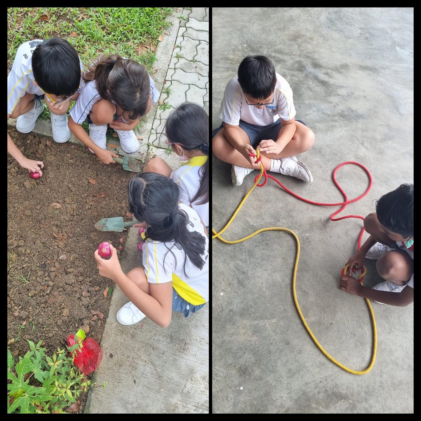 Left: children dig soil and hold onions; right: two children sit on concrete tying red and yellow ropes.